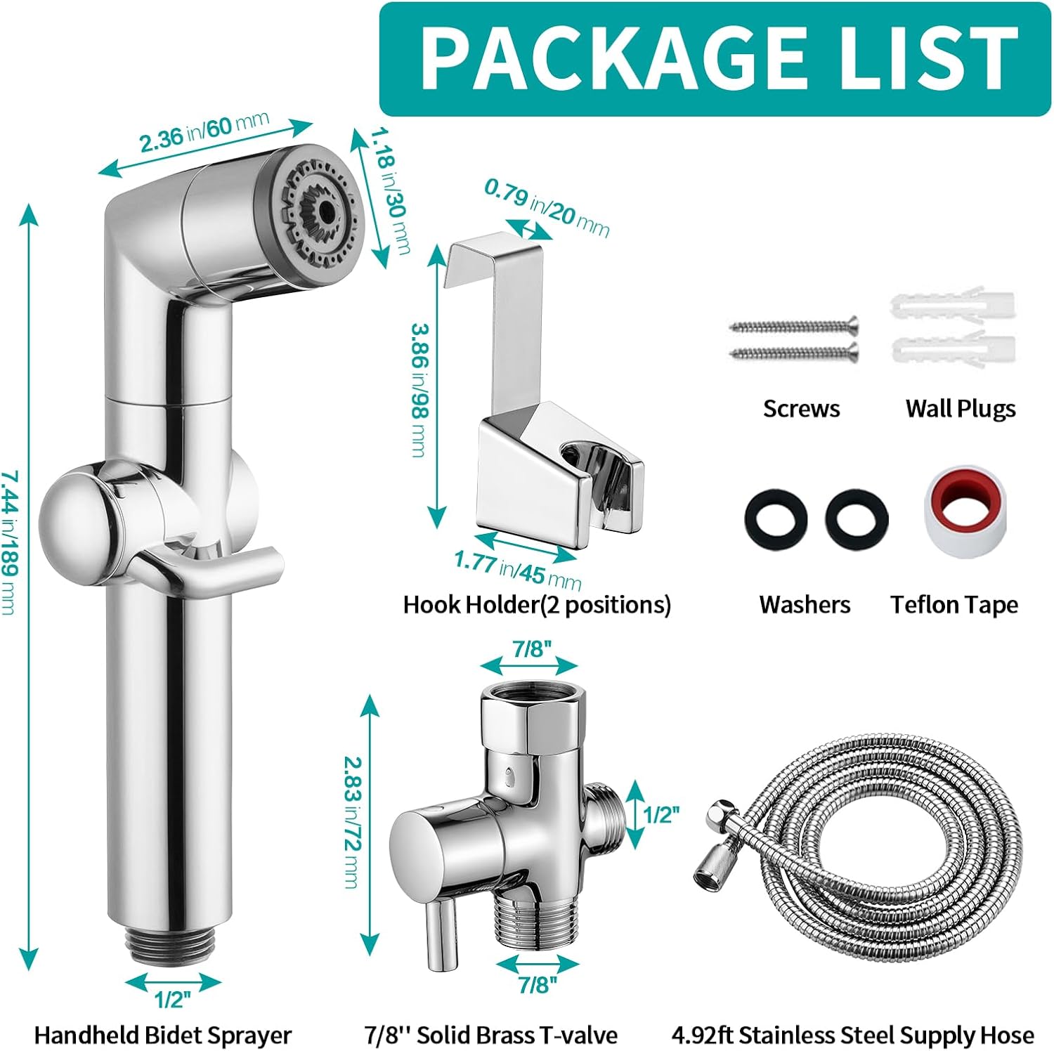 MIAOHUI Muslim Shower, Handheld Bidet Sprayer for Toilet, Cloth Diaper Sprayer, Health Faucet, Bum Gun with Hose and Holder, Wall or Tank Mount(Chrome)