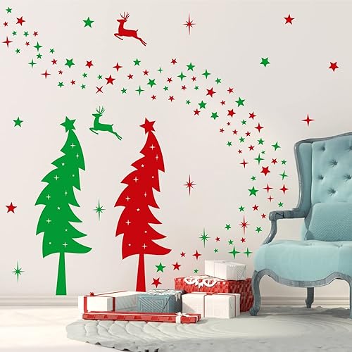 Miniatura 3 de Calcomanías de pared grandes para árbol de Navidad, vinilo rojo y verde, calcomanías de pared de pino para despegar y pegar, estrellas y árboles de