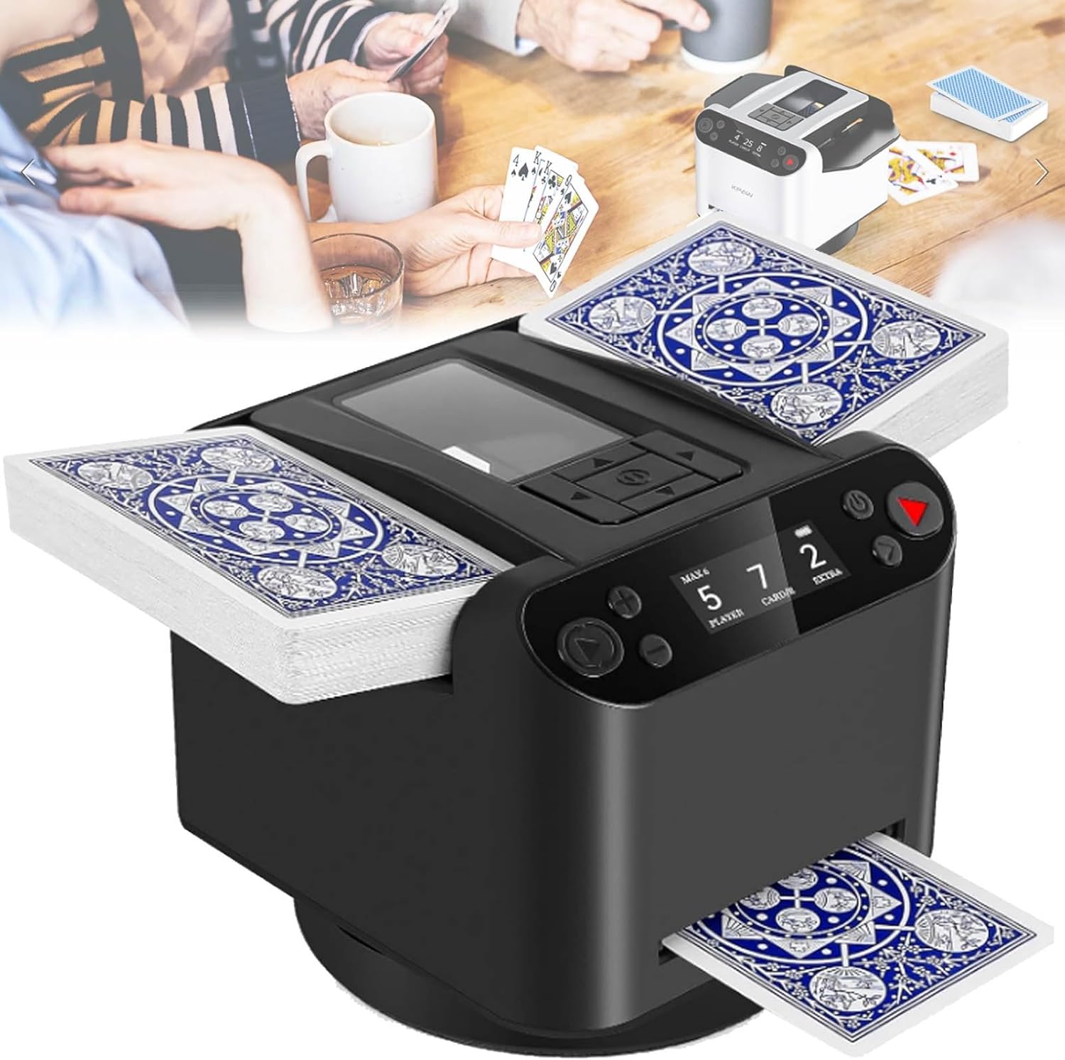Automatic Card Shuffler & Dealer for 1-12 Players - Rechargeable, 4 Remote Controls, 360°/180° Rotation, Built-in Games for Poker, UNO, Blackjack, Rummy & More