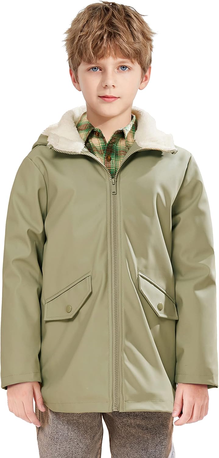 SOLOCOTE Kids Rain Jacket Hooded Lined Rubber RainCoats for Girls Boys Waterproof Windproof Size 5-14Y