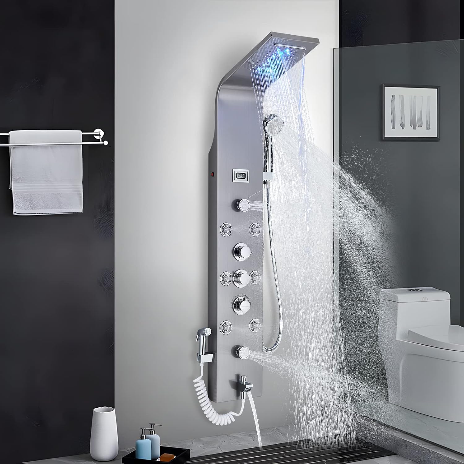 Shower Panel Tower System Brushed Nickel Stainless Steel LED Rainfall