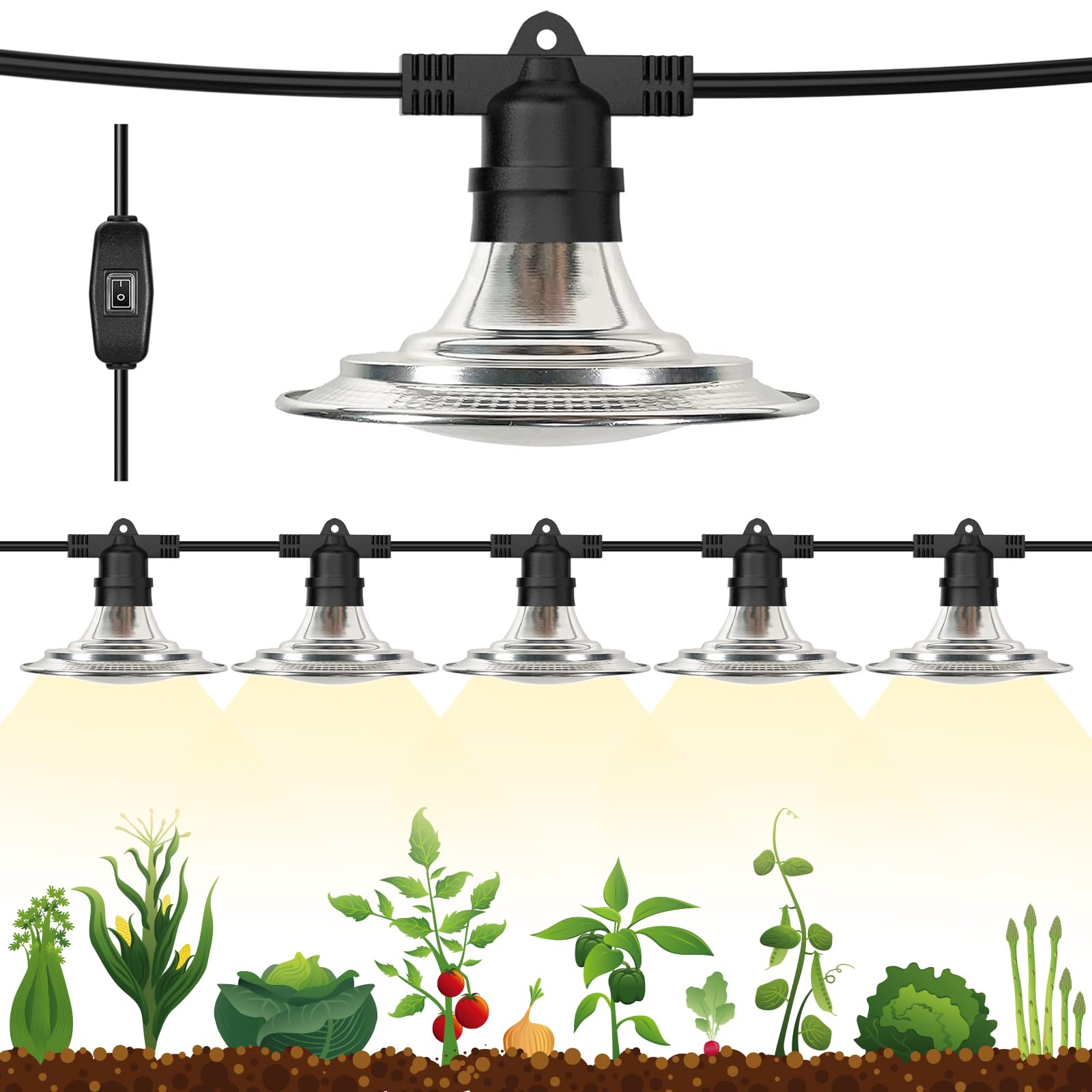 Espird Outdoor LED Grow Lights for Greenhouse 6-Light Waterproof String Grow Light, Full Spectrum LED Plant Grow Light Lamp, Waterproof Greenhouse Grow Lights for Seedling, Veg, Flower