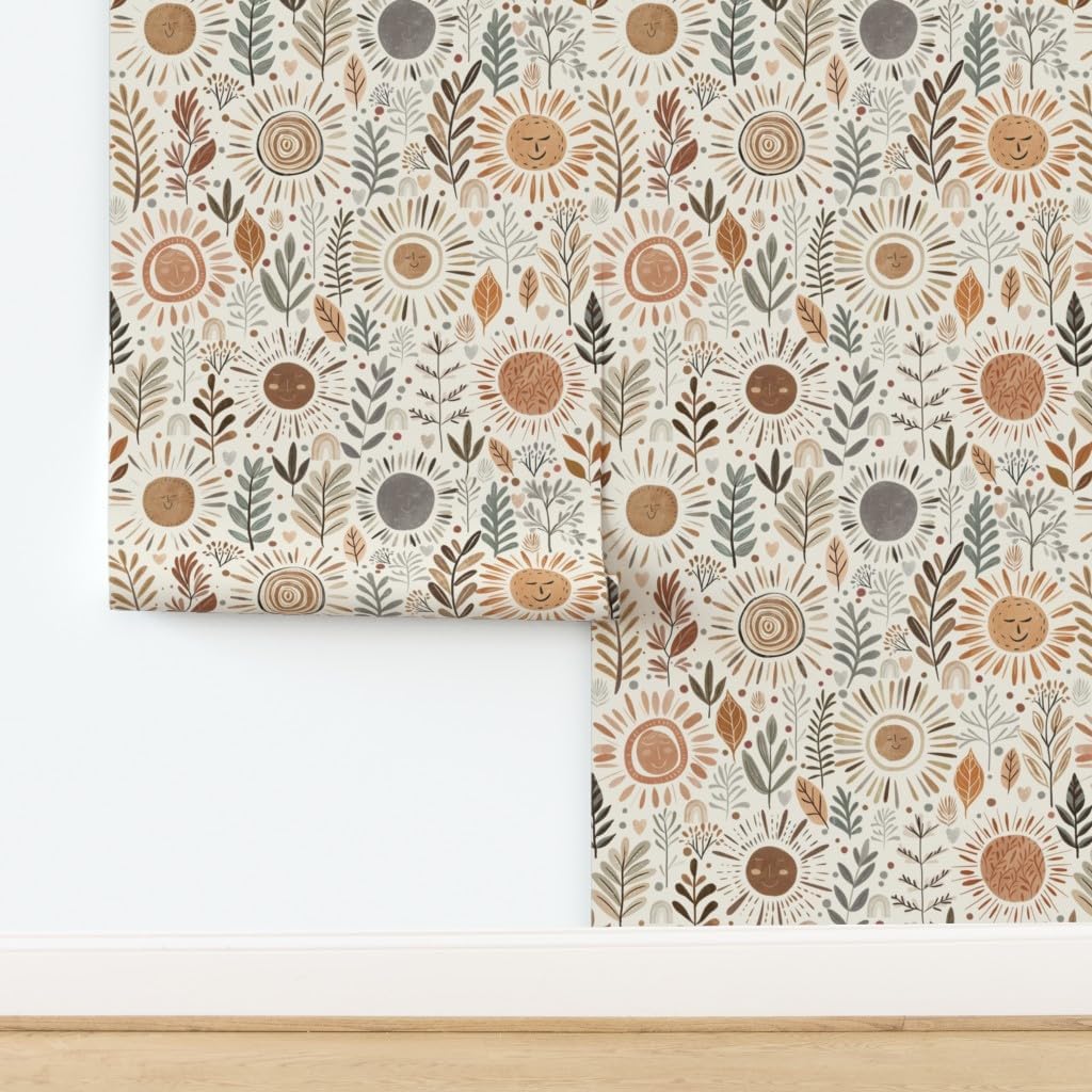 Removable Wallpaper 6ft x 2ft - Boho Winter Sun Neutral Floral Earth Tones Botanical Bohemian Witchy Whimsical Cute Custom Pre-Pasted Wallpaper by Spoonflower