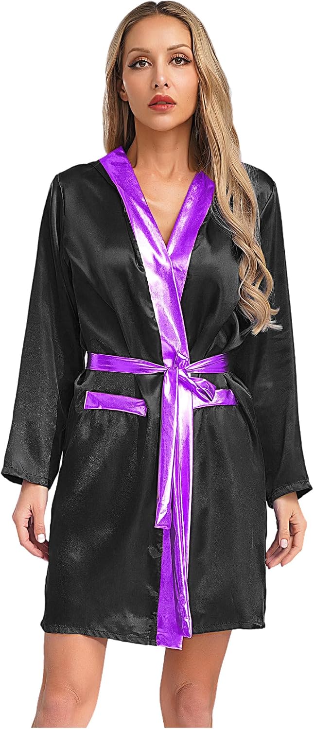 Vxuxlje Womens Boxing Robe Silky Satiny Open Front Hooded Robe with Waist Belt for Halloween