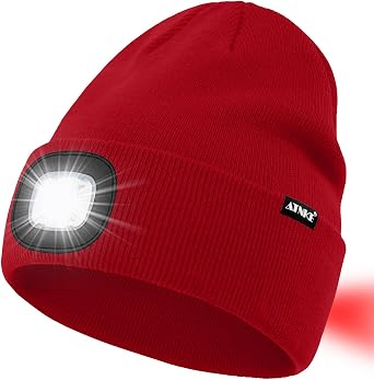 ATNKE LED Lighted Beanie Hat,USB Rechargeable 8 LED Red Glow Flashing Alarm Running Headlamp Cap Gifts for Men and Women