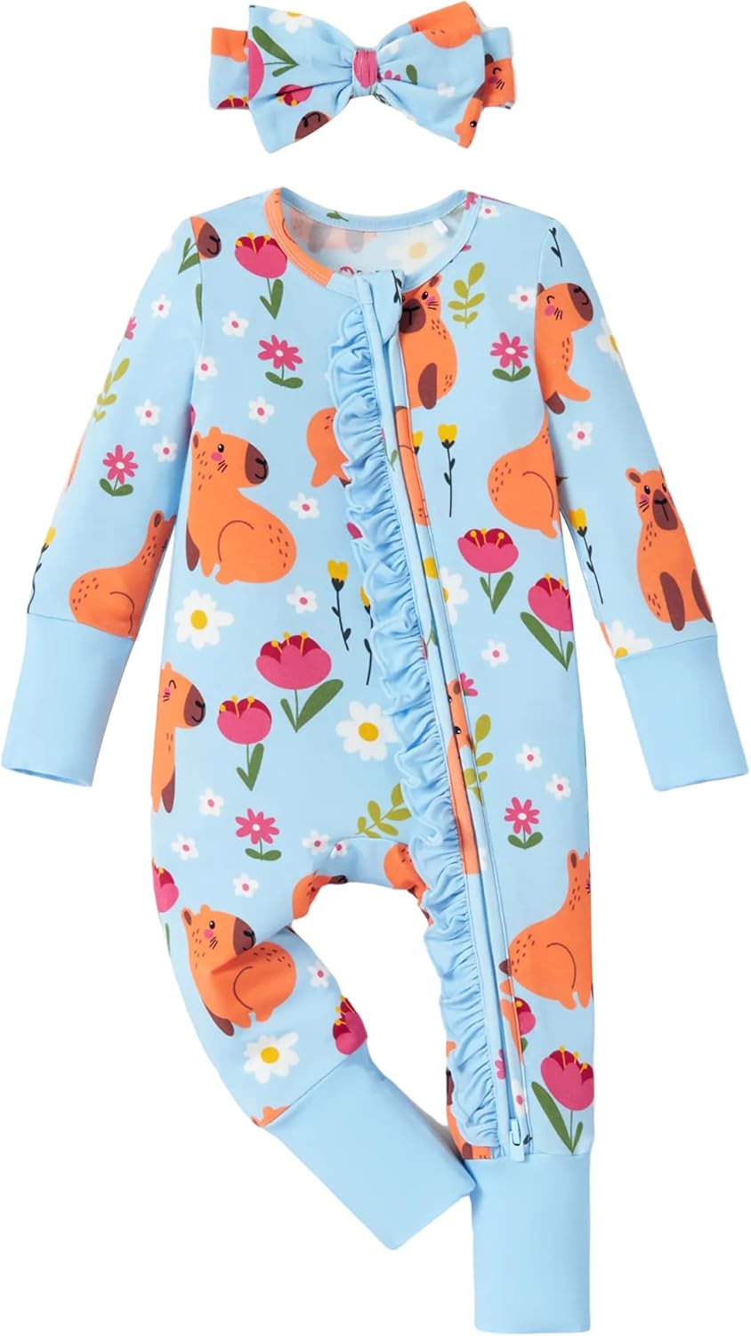PATPAT Baby Girl Boy Footie Clothes, Bamboo Viscose, 2-Way Ruffled Zipper, Fold-Over Mittens & Cuffs with Headband