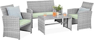 Best Choice Products 4-Piece Outdoor Wicker Patio Conversation Furniture Set for Backyard w/Coffee Table, Seat Cushions - Gray/Light Mint