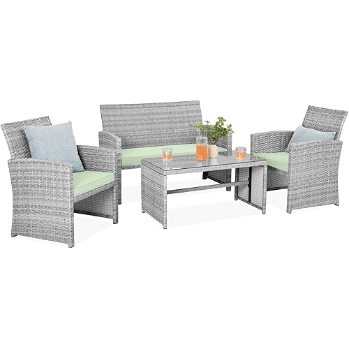 Best Choice Products 4-Piece Outdoor Wicker Patio Conversation Furniture Set for Backyard w/Coffee Table, Seat Cushions - Gray/Light Mint