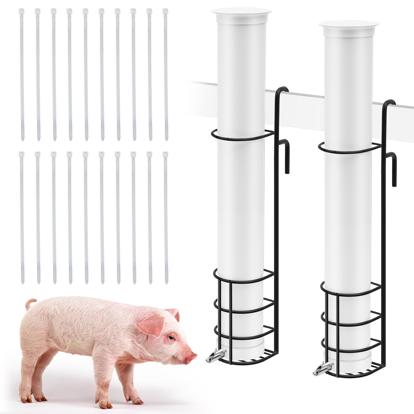 Vertikale Schweinebewässerung mit Stahlnippelabdeckung und Kabelbinder, höhenverstellbar, einfache Montage, Trinkset für Schweine und andere Nutztiere, Weiß, Größe S, 2 Sets