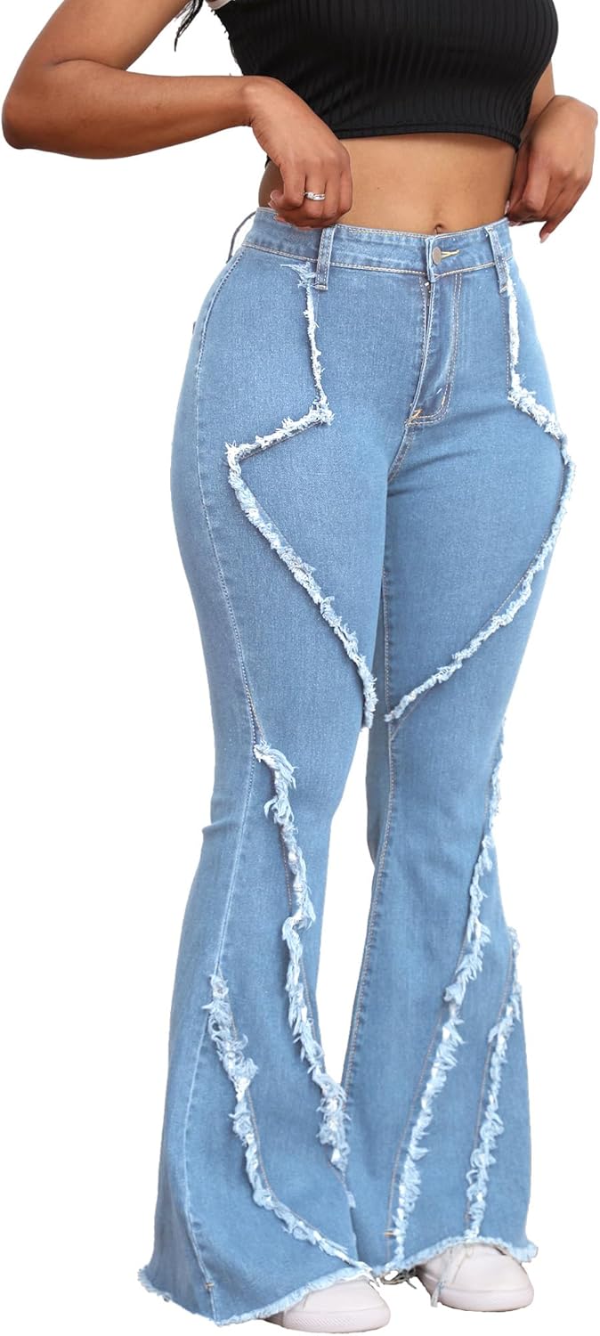 Bell Bottom Jeans for Women Ripped High Waisted Classic Tassels Flared Pants