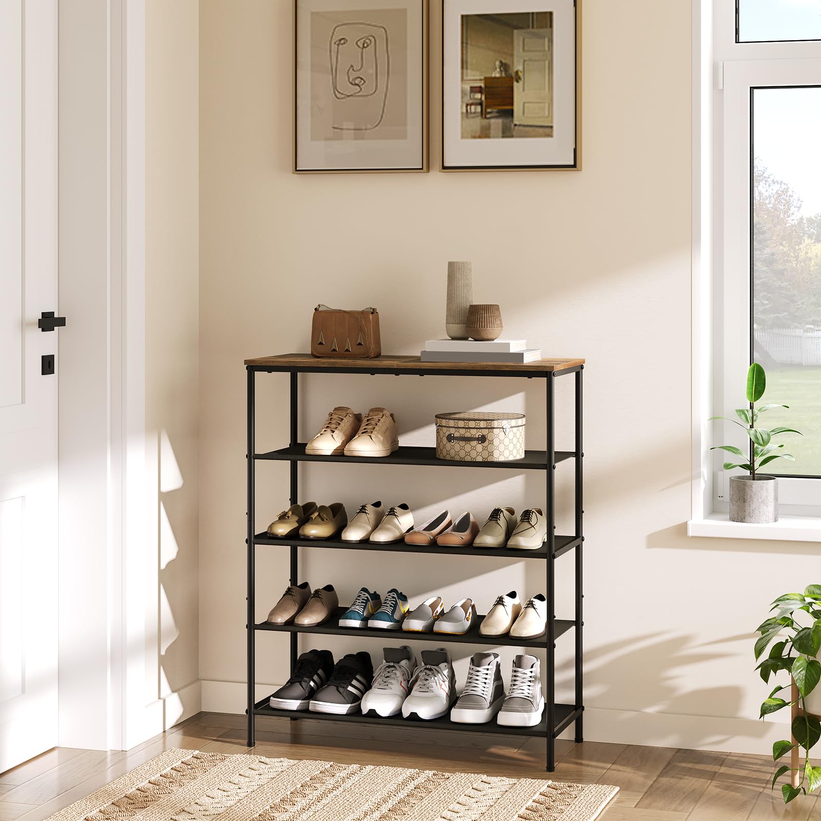 YATINEY Shoe Rack, 5-Tier Shoe Organizer for 16-20 Pairs of Shoes, Shoe Shelf with Wooden Top and 4 Non-Woven Fabric Shelves, Shoe Storage Rack for Entryway, Entrance, Rustic Brown and Black SS15BR