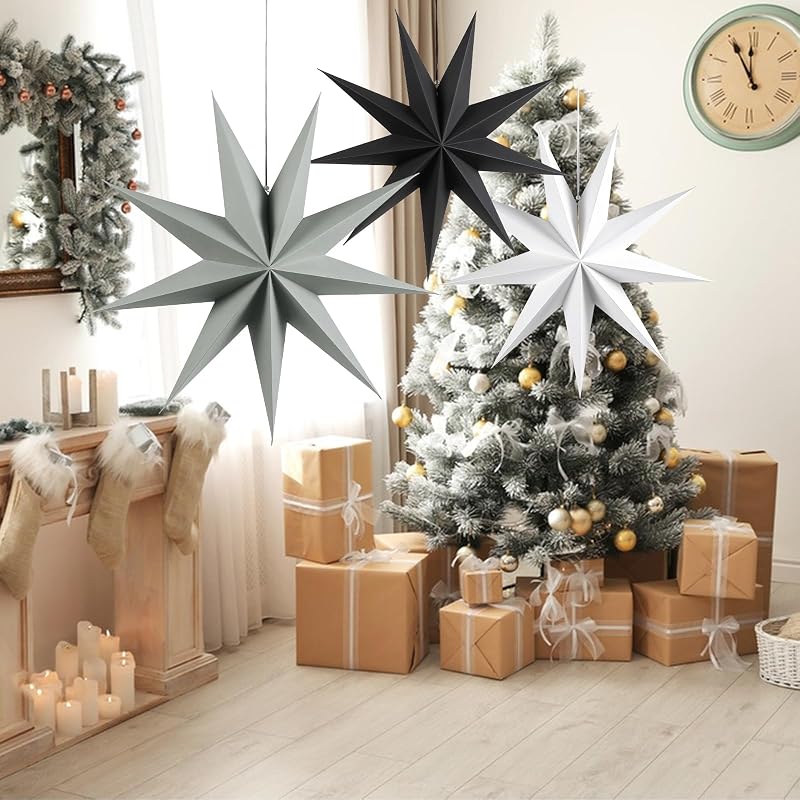 SUNBEAUTY 60 cm Papír Csillag Dekoráció, 3 Darabos Összehajtható Csillag Szett Karácsonyi Díszítéshez (Fekete, Fehér és Szürke)