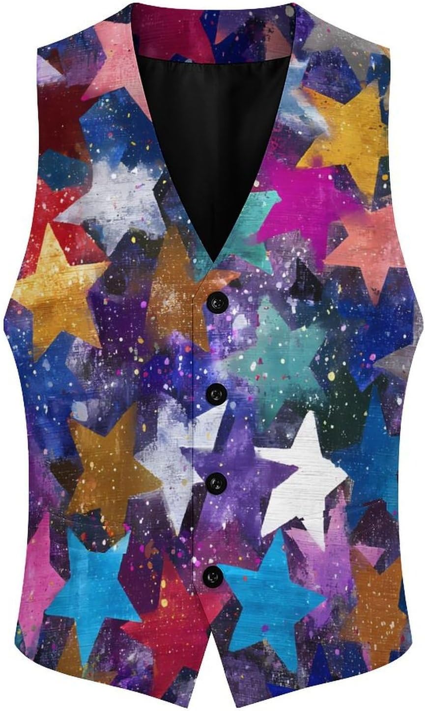 Stars Splatter Pattern Men Formal Suit Vest V-Neck Button Waistcoat for Business Wedding