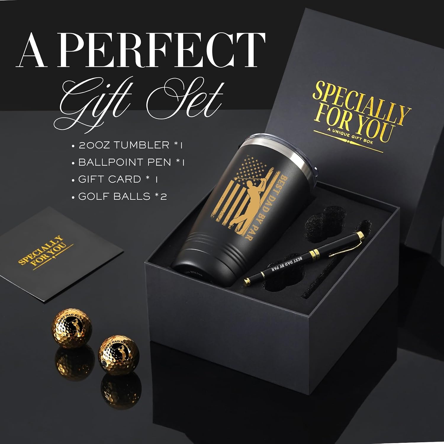 Onebttl Golf Dad Gifts, Golfing Accessories Gifts with 20oz Tumbler, Golden Balls, Pen, Perfect Gifts Set for Golfers, for Father's Day, Birthday, Retirement, Christmas, Golf Gifts for Men