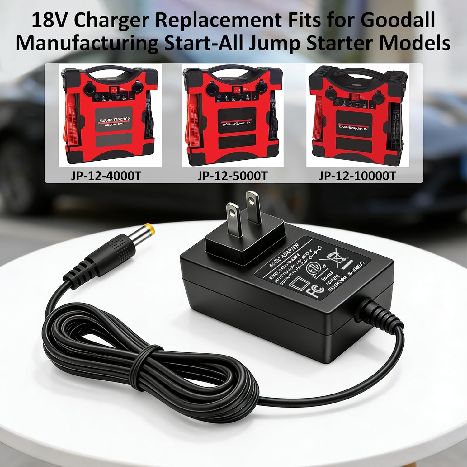 18V Charger Replacement Compatible with Goodall Manufacturing JP-12-4000T JP-12-5000T JP-12-10000T Jump Pack, AC Adapter for Goodall Manufacturing 12V Start All Corded Jump Pack Power Cord Supply