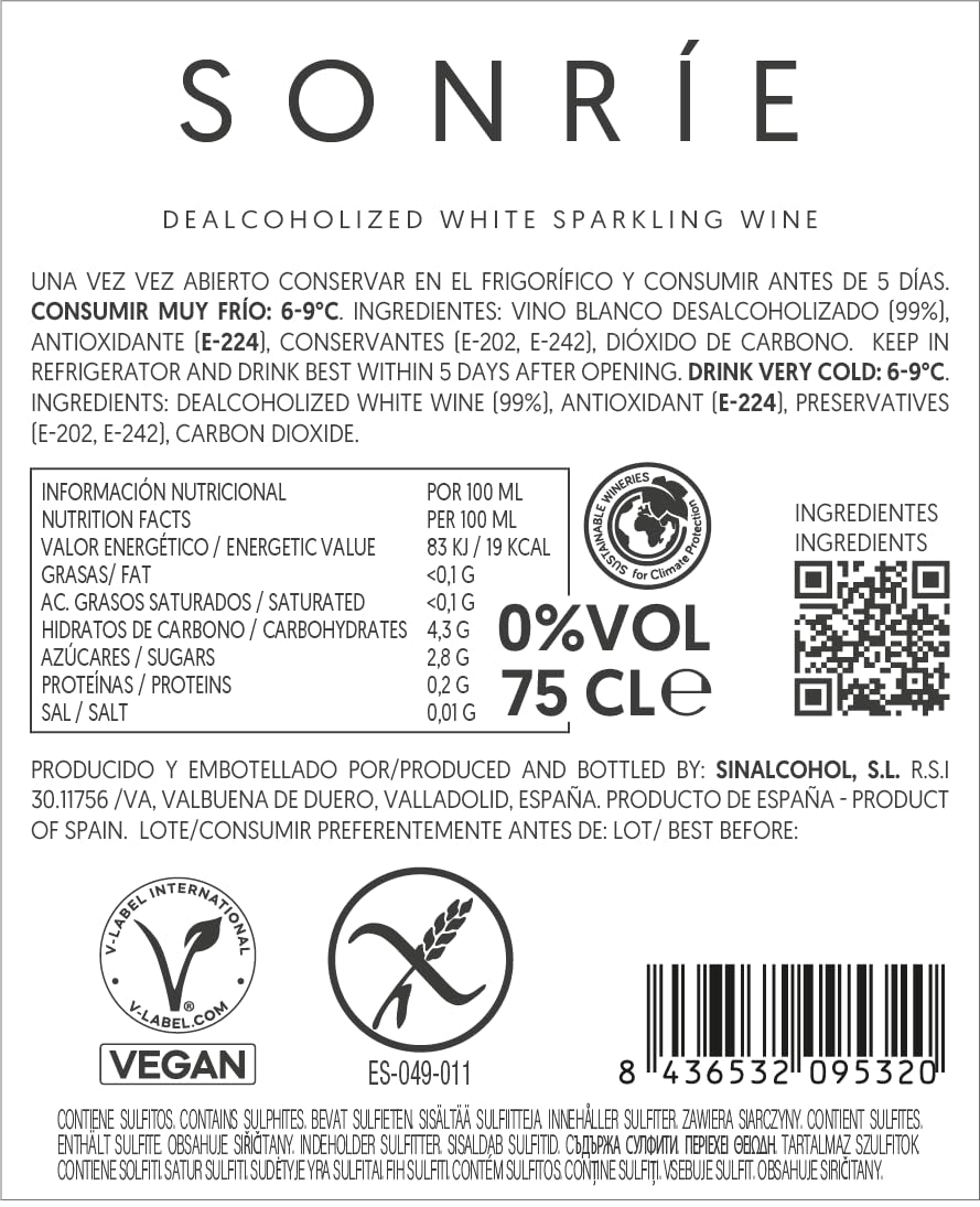 Sonríe 0% Sparkling White Espumoso Sin Alcohol Caja 6x75 cl | Elaborado en Rueda · Burbuja fina y elegante · Ideal para brindar y celebrar · Servir a 4-6°C