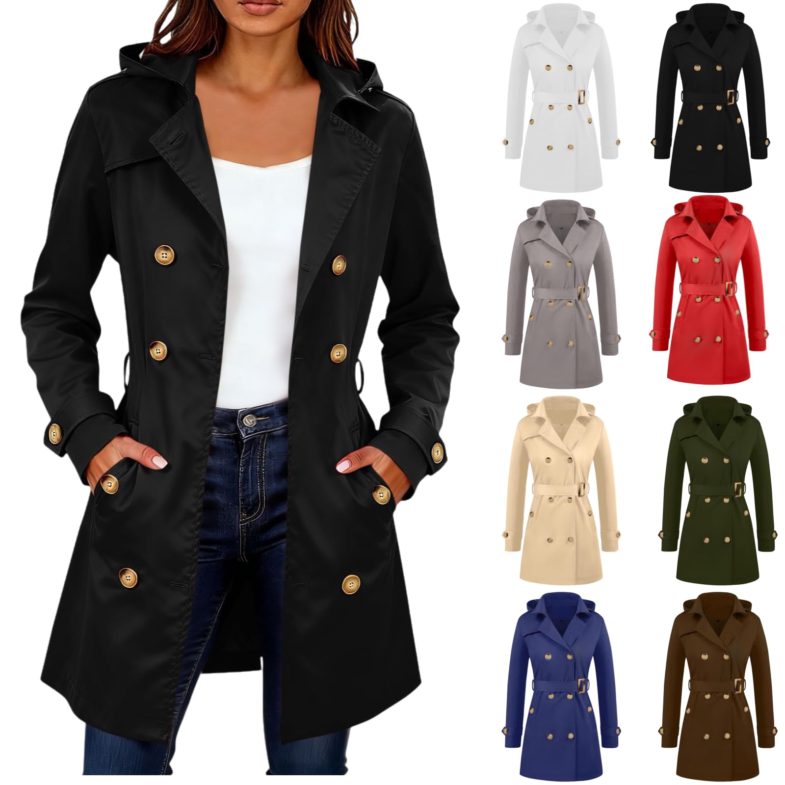 Trench Coat Women Lightweight Double Breasted Pea Coat Mid Length Windproof Peacoat Casual Fall Overcoat with Belt