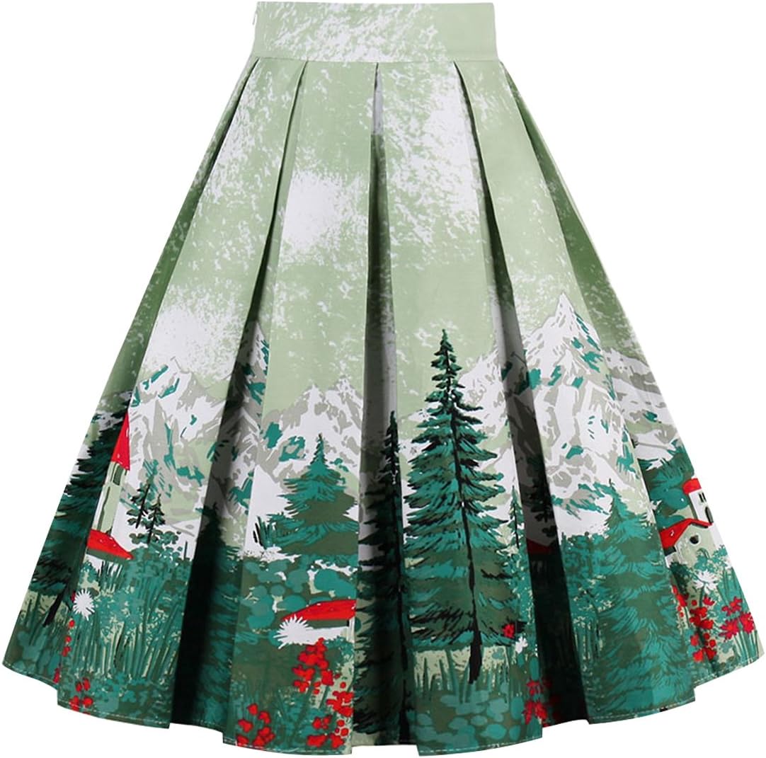 Girstunm Women's Pleated Vintage Skirt Floral Print A-line Midi Skirts with Pockets