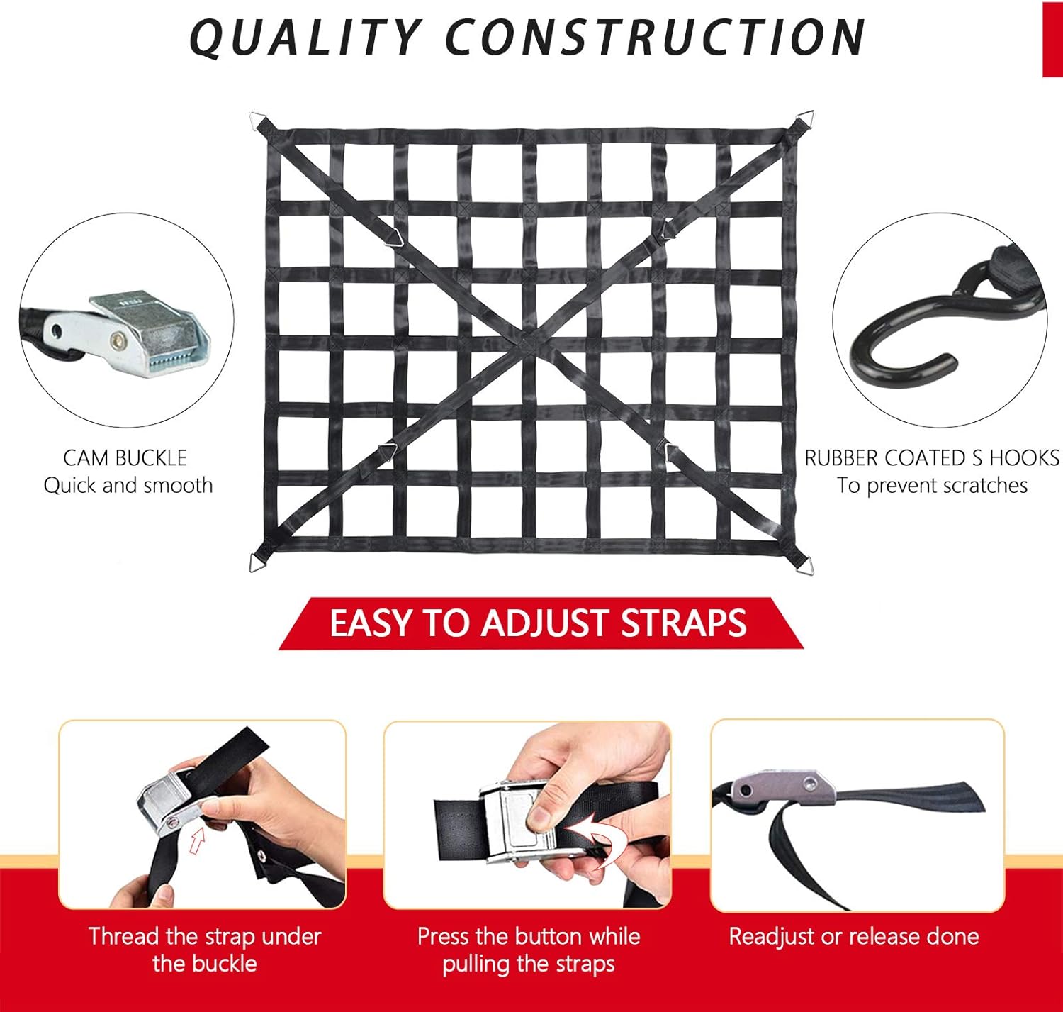 Surmountway Heavy Duty Cargo Net - 66" x 50", 1100LBS Capacity, Cam Buckles & S-Hooks, Fits Pickup Truck & Trailer Beds - Image 4