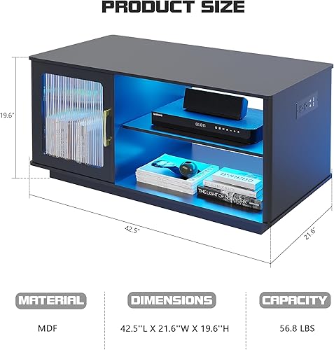 Miniatura 2 de Gurexl Mesa de centro con estación de carga, mesa de comedor regulable de 3 colores con armario de almacenamiento grande para sala de estar, mesa de