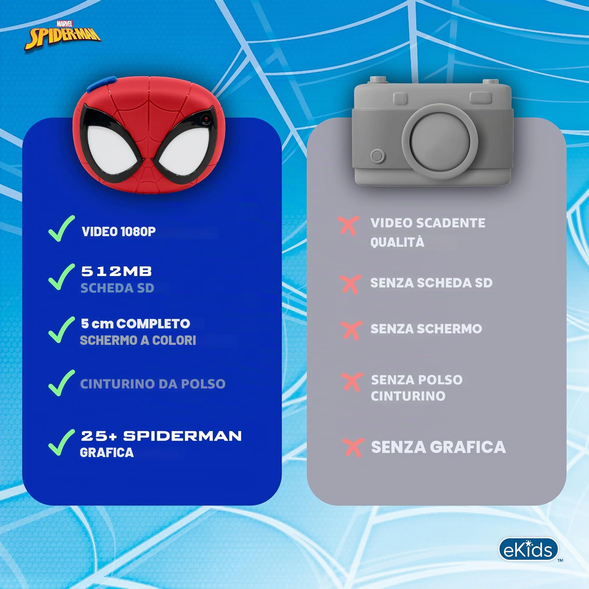 ekids Spiderman - Fotocamera digitale per bambini con scheda SD, videocamera, adesivi digitali integrati, regali per bambini