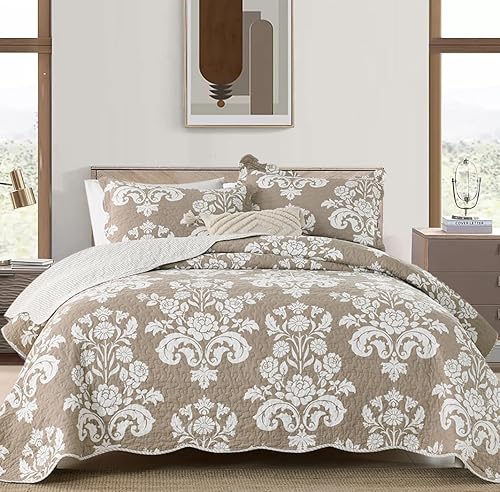 Cinefoso Juego de edredón tamaño Queen, 100% algodón, diseño de cachemira floral, reversible, ligero, para todas las estaciones, caqui, tostado,
