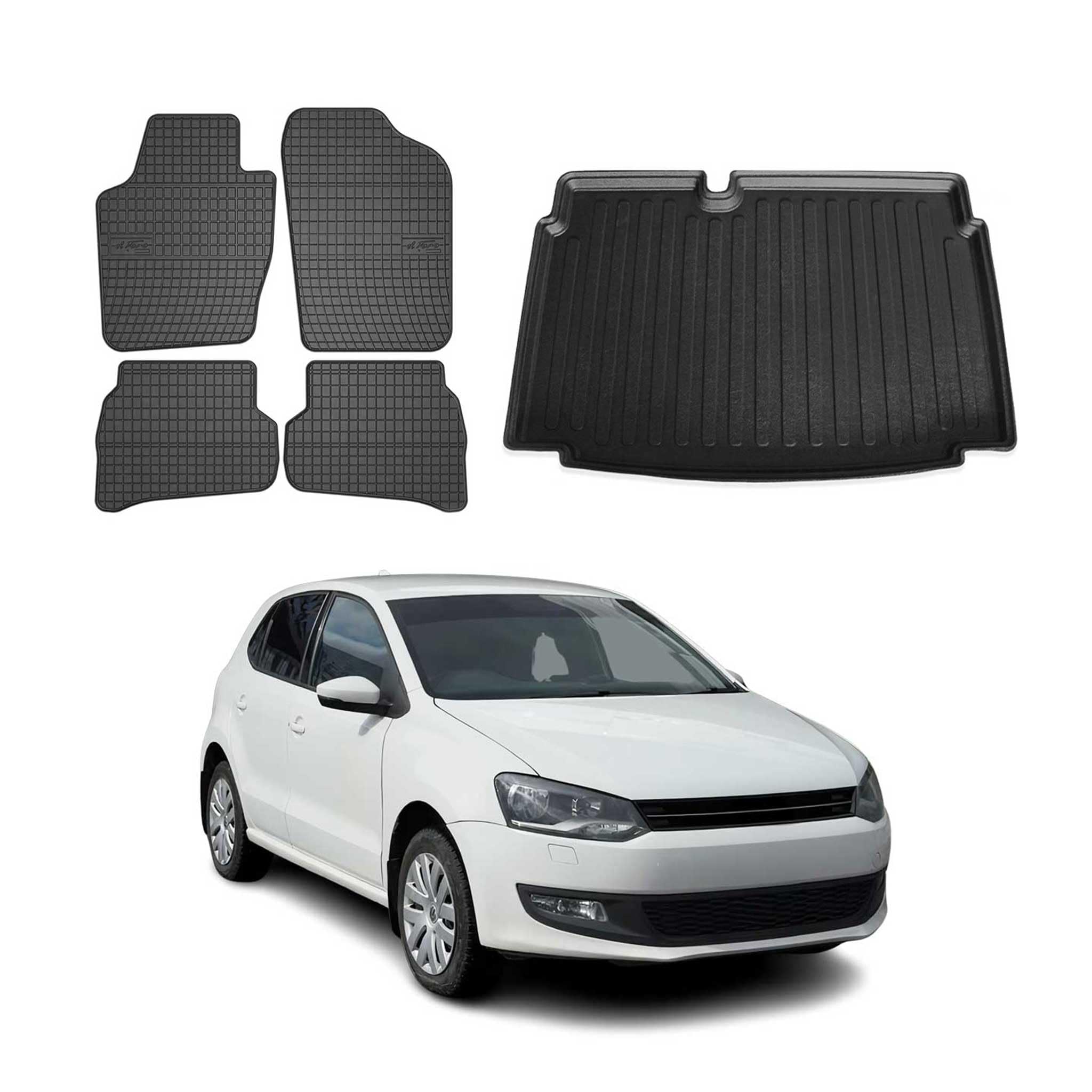 OMAC Fußmatten & Kofferraumwanne Set kompatibel mit VW Polo 2009-2014 Untere Gummi Schwarz 5X