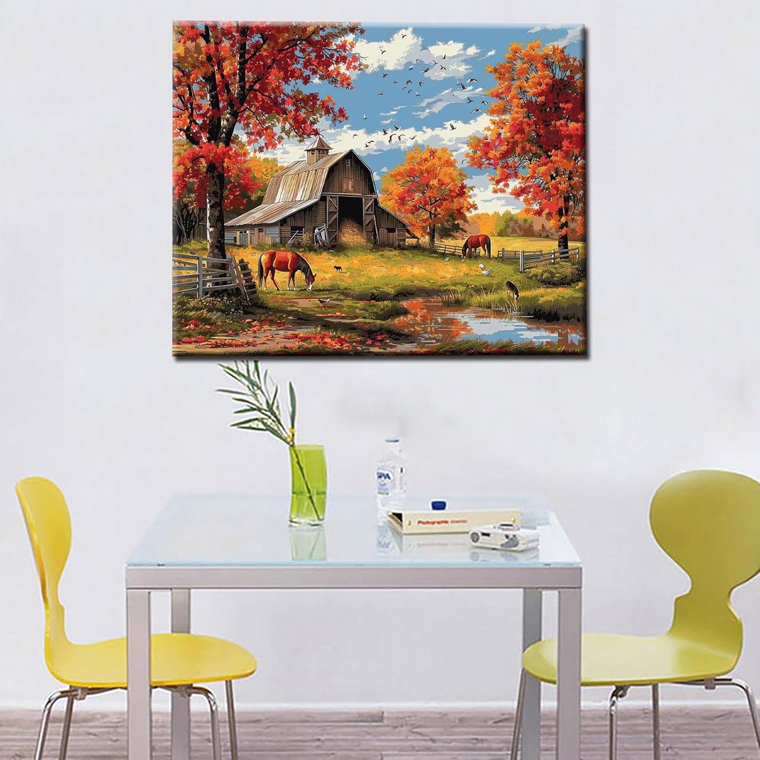 Autumn Farm Scenery Paint by Numbers Kits 16x20 inch Canvas Farm Barn Horse Landscape DIY Oil Painting for Adults Beginner with Brushes and Acrylic Pigment-Nature Fall Scenery Photo Gift(DIY Frame)