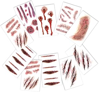 Tatouage Halloween(10 Feuilles),Fausse Cicatrice Blessure Stickers,Tattoo Halloween pour Visage,Spécial FX Costume Maquillage Accessoire