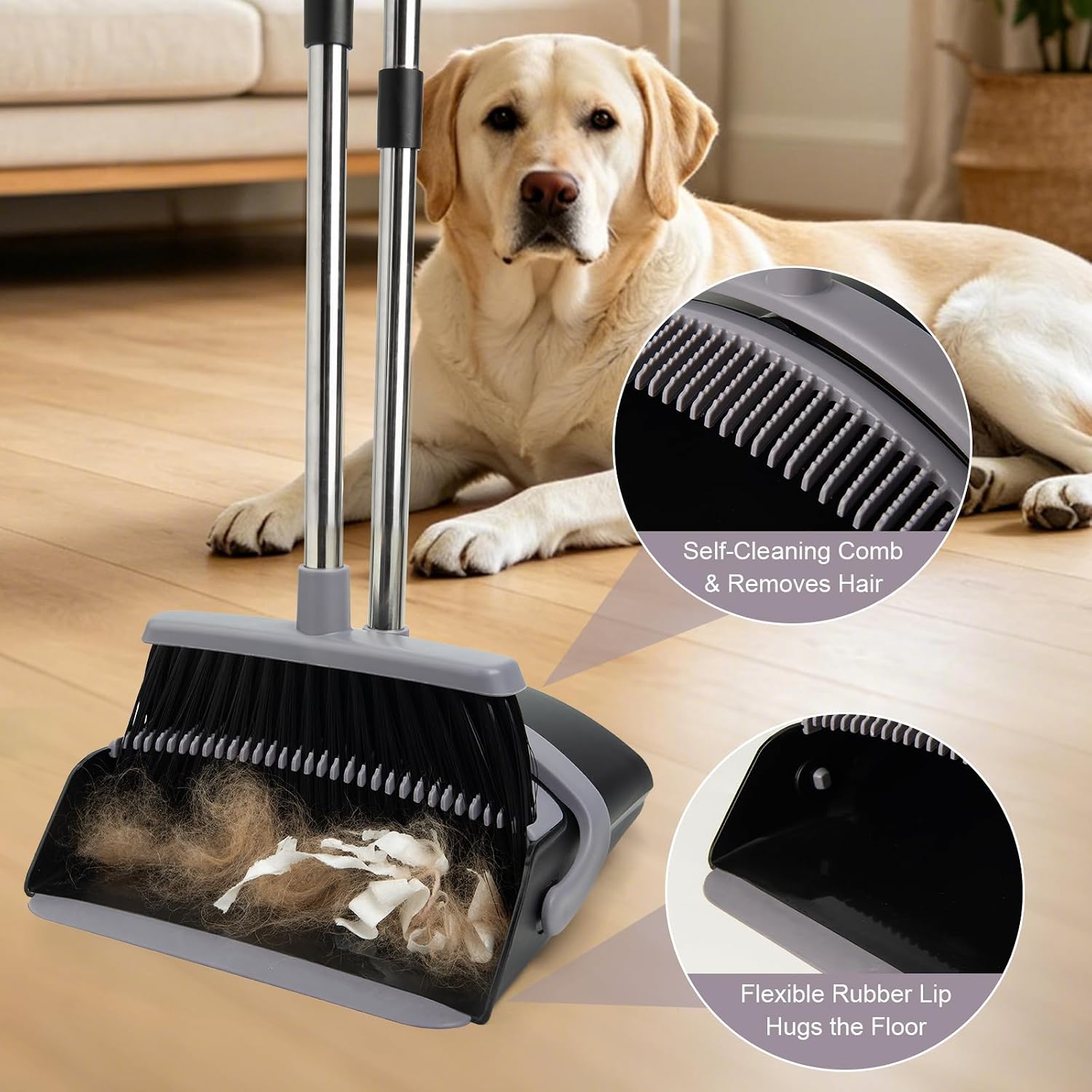 Broom and Dust Pan Combo Set,51.2" Long Handle,Charcoal
