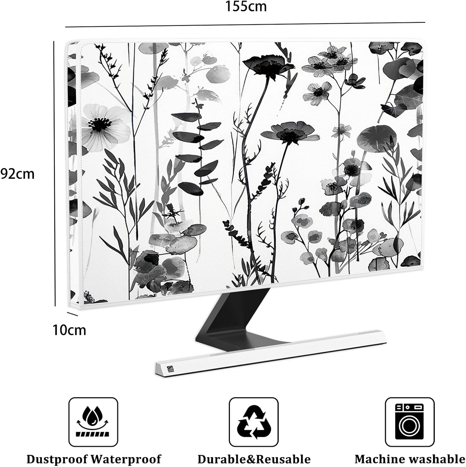 Black and White Flower Waterproof Screen TV Dust Cover 65 Inch Watercolor Floral TV Screen Cover Anti-Static Dustproof Protective Covers for Television LED LCD OLED TVs Decorations