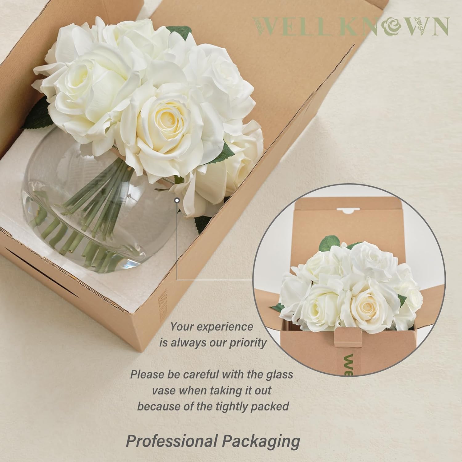 WELL KNOWN Artificial Flowers with Vase, Silk Rose Artificial Flowers Table Centerpieces with Faux Water for Home Decoration Fake Roses Flower Arrangements for Table Decor (White&Green) - Image 7