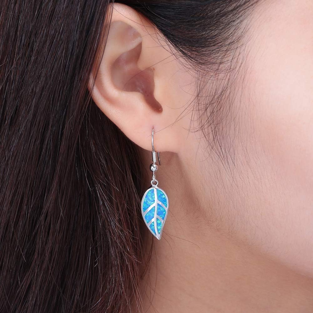 CiNily 18K White Gold Plated Leaf Opal Dangle Drop Earrings for Women Teen Girls Hypoallergenic Opal Jewelry Gift - Image 3