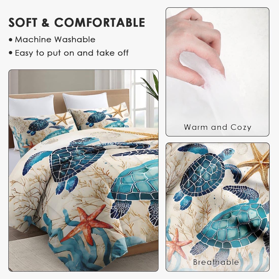 Full Size Comforter Set with 2 Pillowcases, Ocean Coral Sea Turtle 3 Pcs Bedding for Kids and Adults, Blue Shell Animal Soft Comforter Set for Bedroom Bed Decor - Image 5