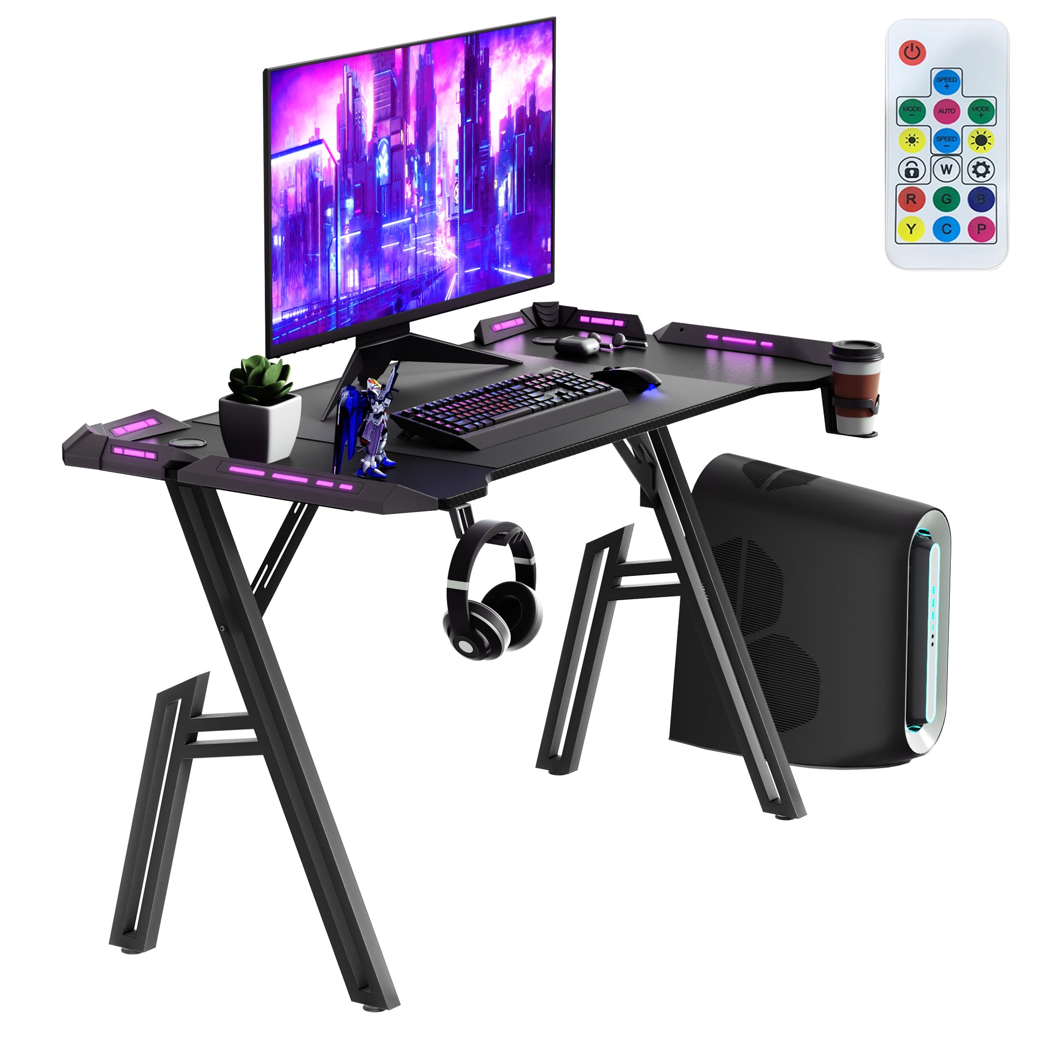 SUBTLETY Gaming Tisch 120x60cm A-Frame Schreibtisch mit Getränkehalter & Kopfhörer Haken Ergonomischer PC Computertisch Tragfähigkeit bis zu 100KG Gamingtisch für Büro