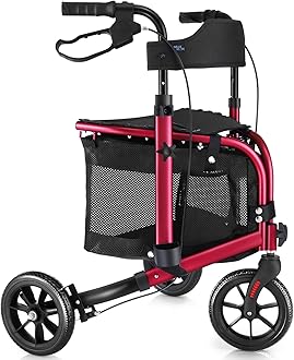 WALK MATE 3 Wheel Rollator Walker with Seat for Slim Seniors, Padded Backrest Lightweight Foldable Walker Ideal for Elderly, 8 Inch Tri-Wheel Modern Mobility Walking Aid Aluminum, Red