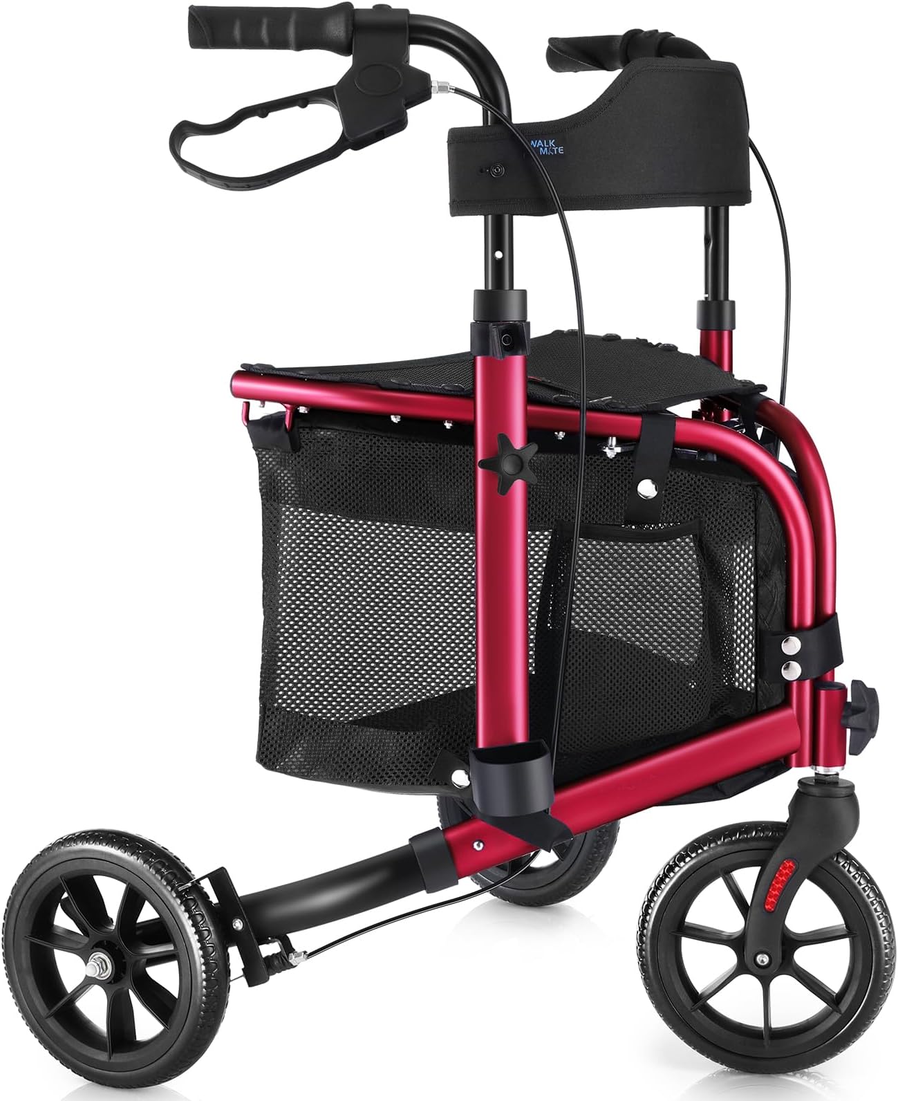 WALK MATE 3 Wheel Rollator Walker with Seat for Slim Seniors, Padded Backrest Lightweight Foldable Travel Walker Ideal for Elderly, 8 Inch Tri-Wheel Modern Mobility Walking Aid Aluminum, Red