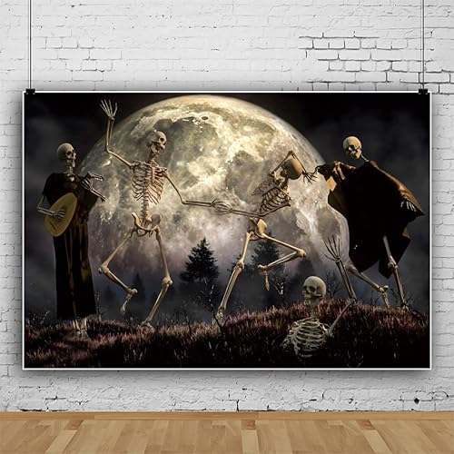 Miniatura 2 de CRTPOD Telón de fondo de Halloween de 5 x 3 pies para sesión de fotos, luna llena, esqueletos nocturnos, cráneo, danza, fondo para fotografía, casa