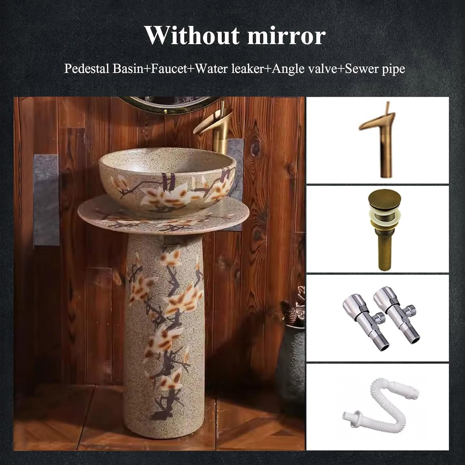 Freestanding Pedestal Sink Hotel Bathroom Art Sink Ceramic Bathroom Sink Round Vessel Sink Combo Retro Hand Painted Basin Sink for Indoor and Outdoor,(C)