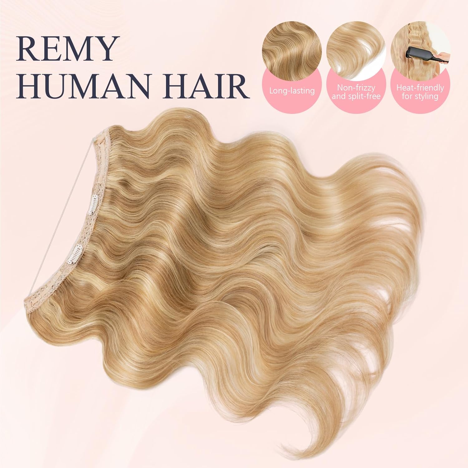 TESS Wavy Halo Hair Extensions Real Human Hair Adjustable Invisible Wire, 14 Inch, Camel mixed Light gold