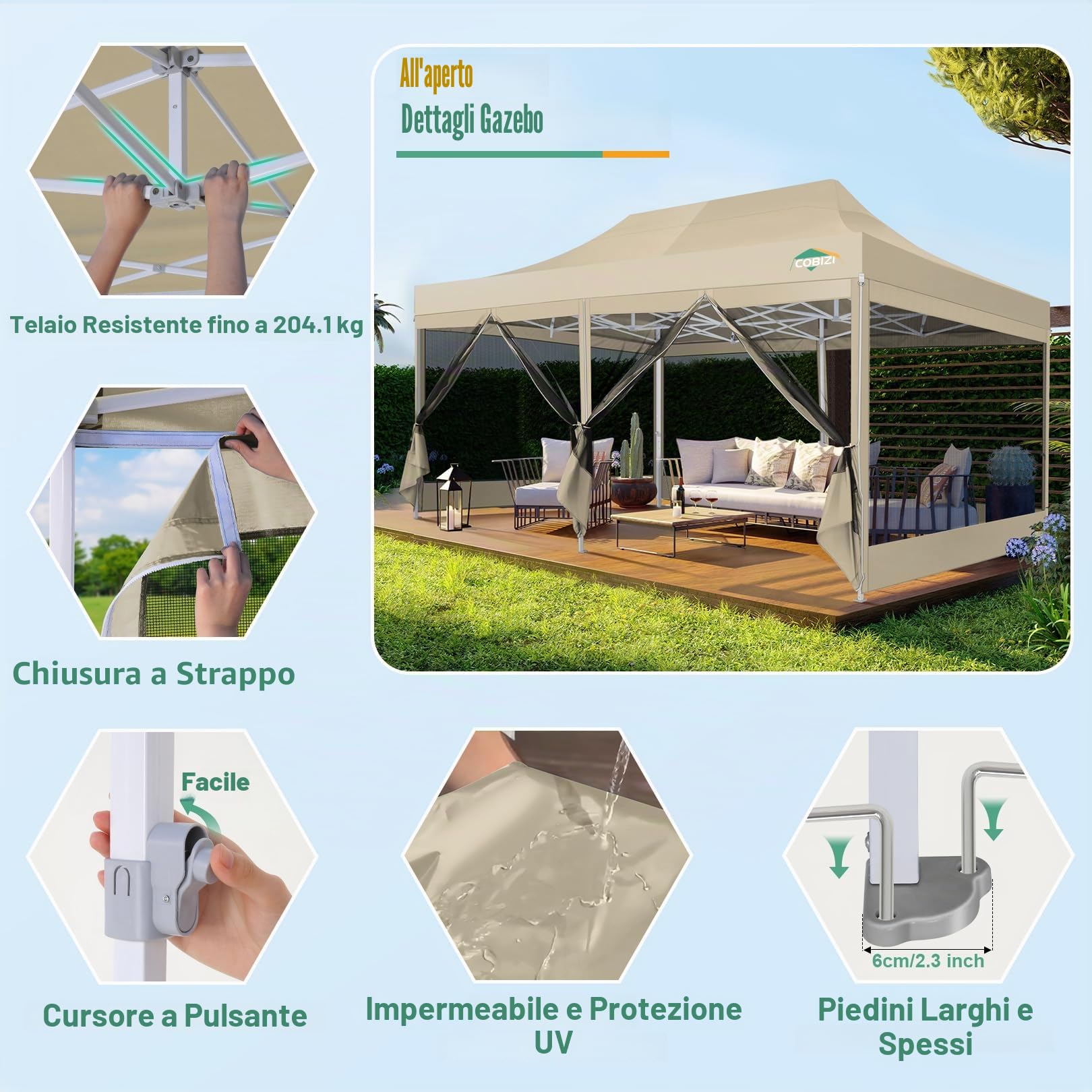 COBIZI Gazebo pieghevole 3x6 m con zanzariere, impermeabile e stabile