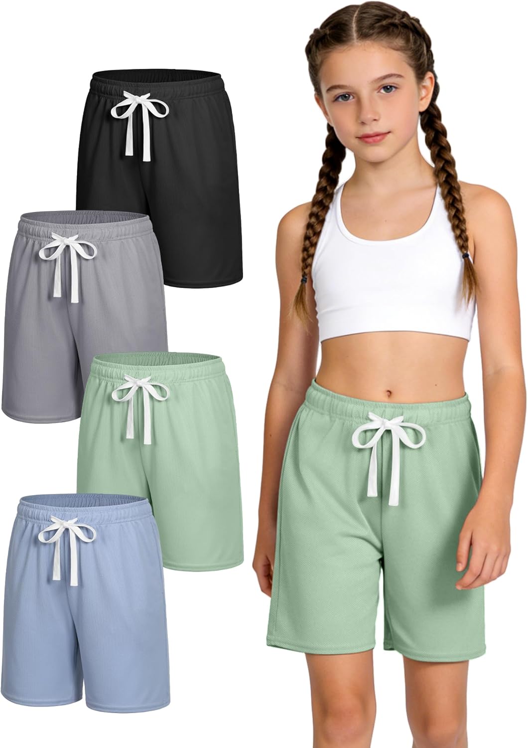 JOCMIC 4 Pack Girls Athletic Shorts Quick Dry for Running Basketball Soccer with Drawstring Pocket