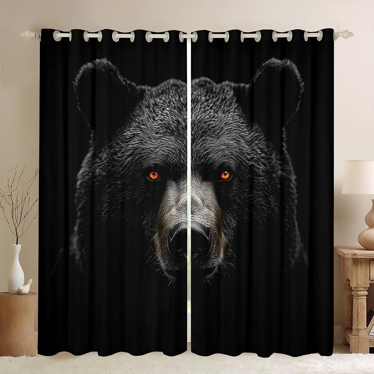 Manfei Black Bear Curtains,3D Vivid Jungle Wild Animal Realistic Window Drapes,Bear Fur Print Mysterious Window Treatment Block 30%-50% Light Grommet Top 2 Panels,42Wx90L