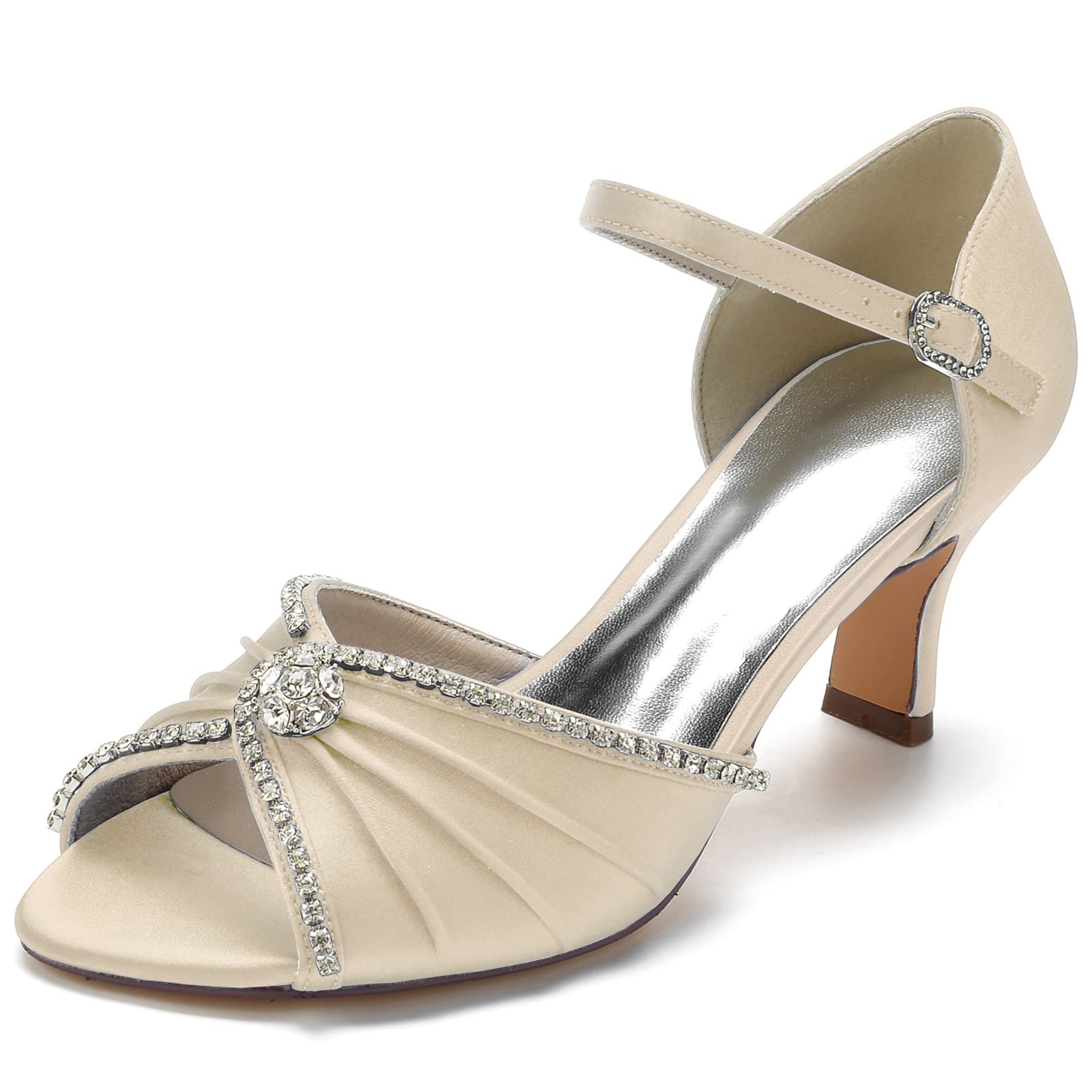 Scarpe Sposa Satin con Spilla Cristallo Sandali Matrimonio Tacco 6.5cm Comodo Cinturino Caviglia Calzature Eleganti Cerimonia Open Toe Donna