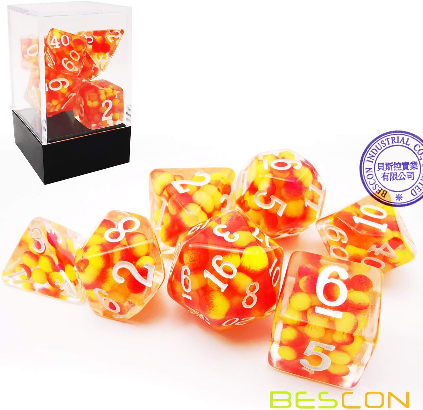 Bescon Firey Pearl Polyhedral Dice Set, Fire Pearl Poly RPG Dice Set of 7