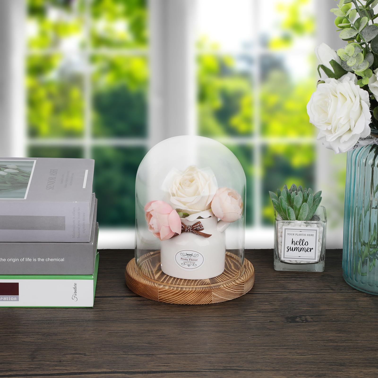 Cupola di vetro con base in legno naturale robusta campana decorativa in vetro per piastre da tavolo, lampade, candele, rose, decorazioni, antichità per Natale, compleanni, San Valentino