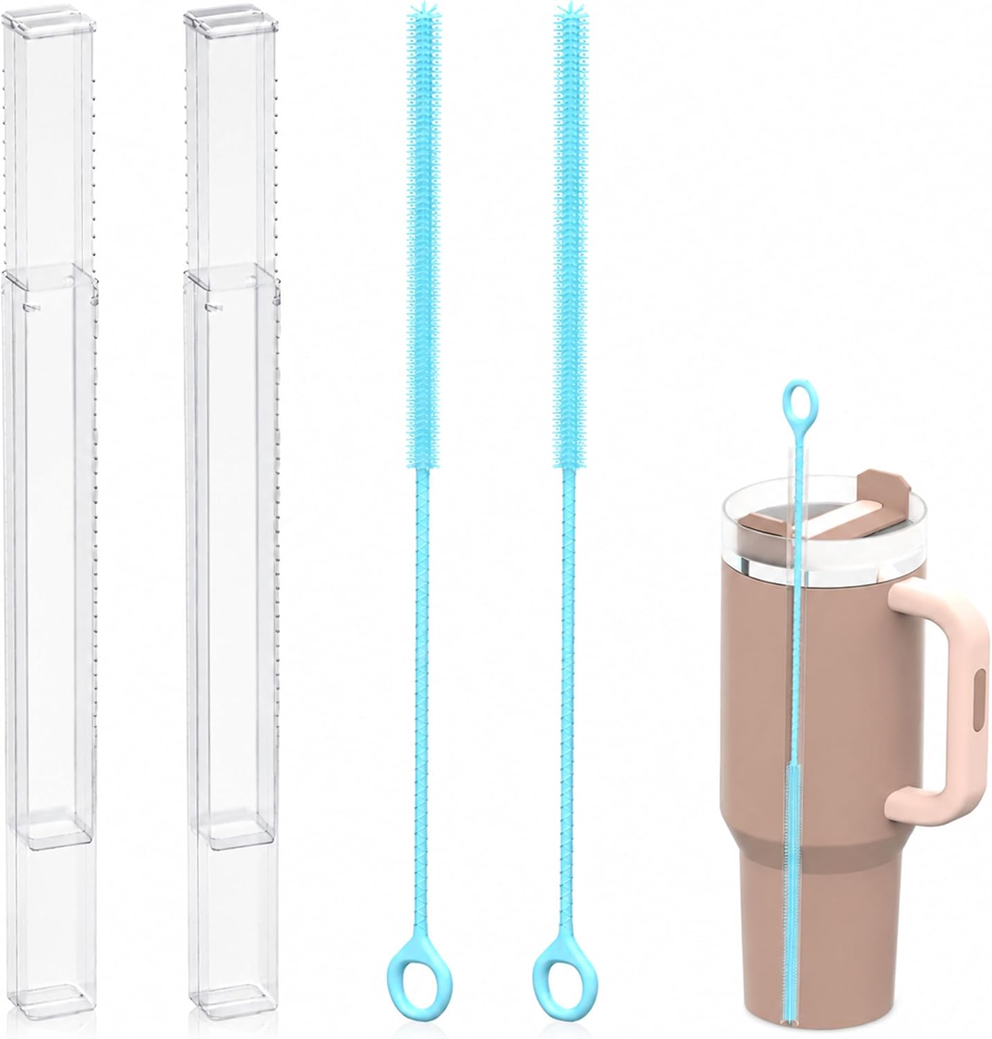 AYOYO Silicone Straw Brush For 24oz 32oz 40oz Owala Stanley YETI Starbucks Tumblers,2 Sets 12.6 Inch Extra Long Replacement Straws Cleaning Brush with Telescopic Case (Blue)