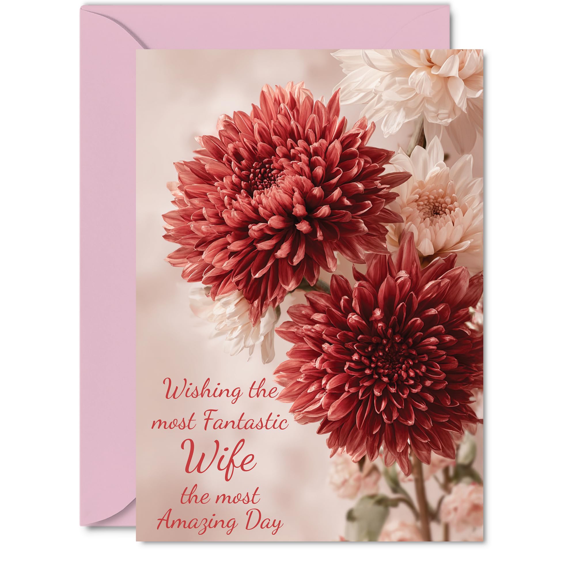 Wife Birthday Card - Red Chrysanthemums - Happy Birthday Card for Wife from Husband Partner, 5x7 Inch Red Flowers Bday Greeting Cards