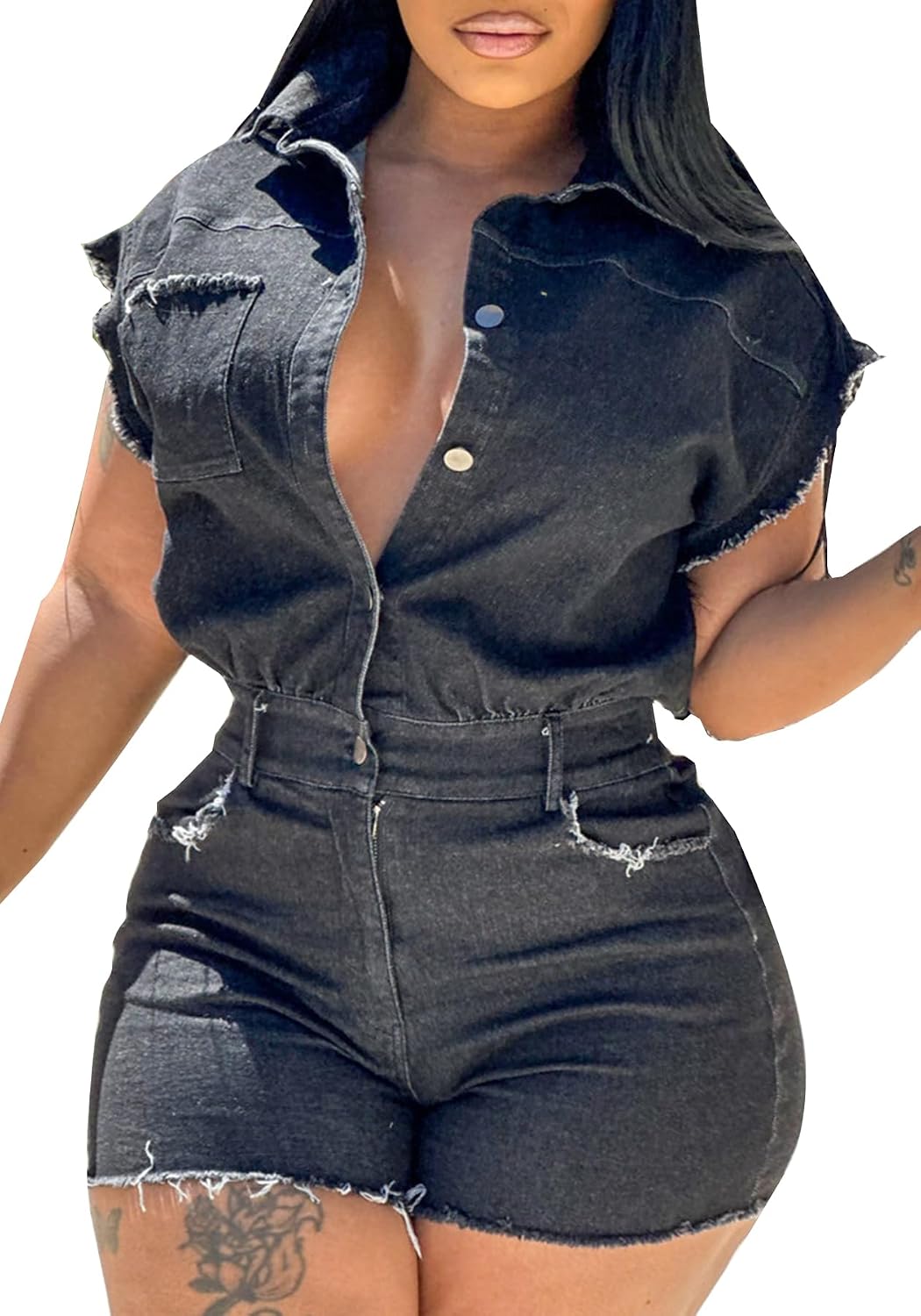 Tcremisa Women's Vintage Distressed Short Denim Jumpsuit Stretch Short Sleeve Button Down Cargo Jean Rompers