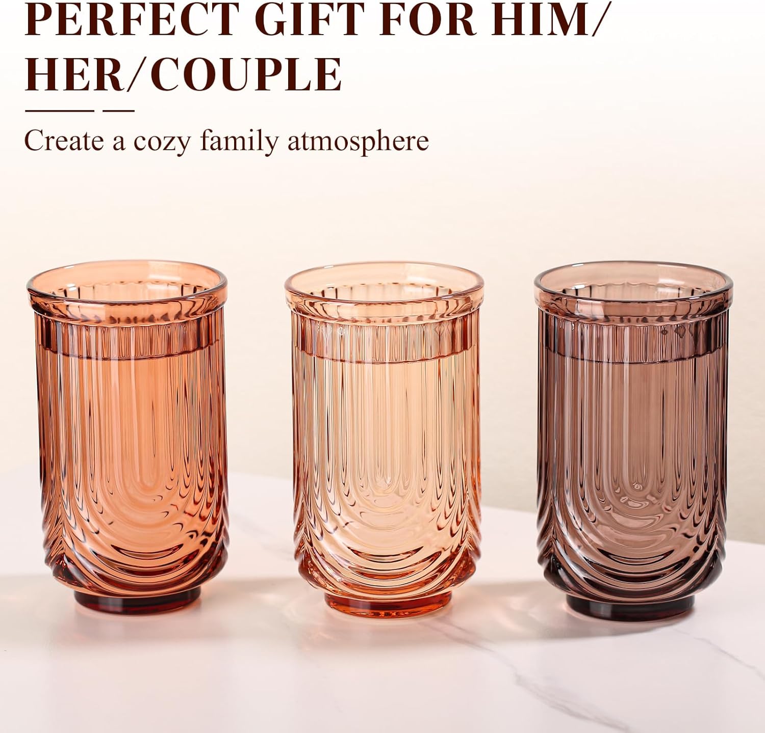 Venus Vintage Drinking Glasses Set of 6-17oz Hand-Blown Highball Ribbed Glassware, Arch Design Cocktail Glasses for Whiskey Water Beverages Ice Coffee Juice Milk